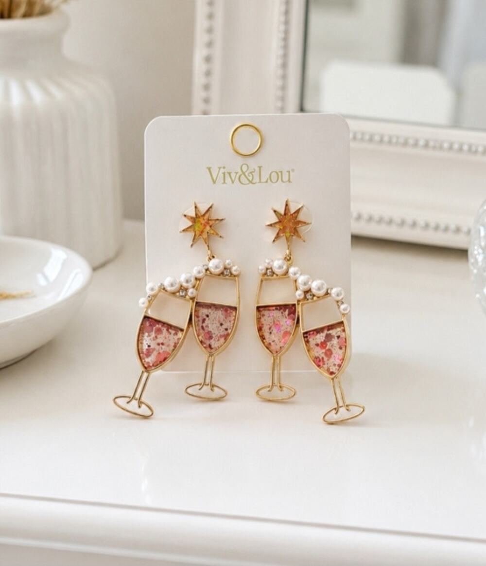 Viv & Lou Gold Champagne Glasses Pearl Earrings New